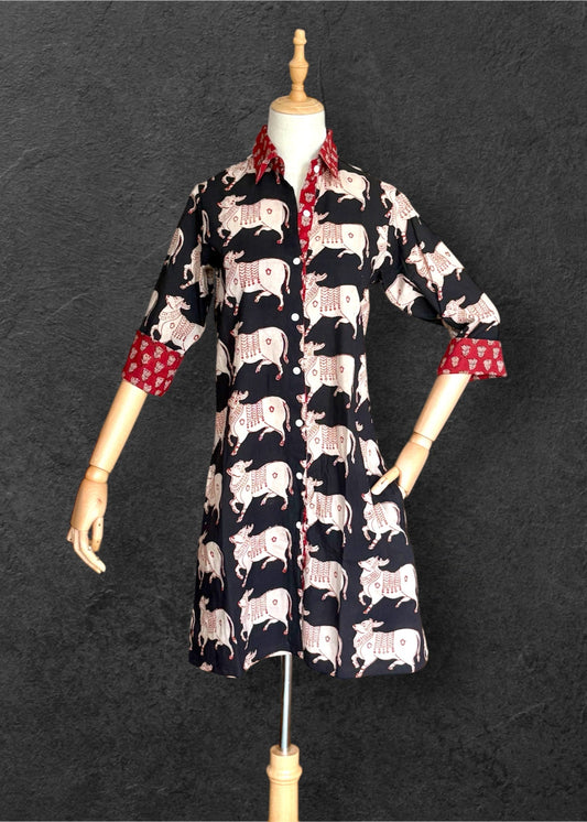 Block Print Cotton Shirt Dress Black Ox