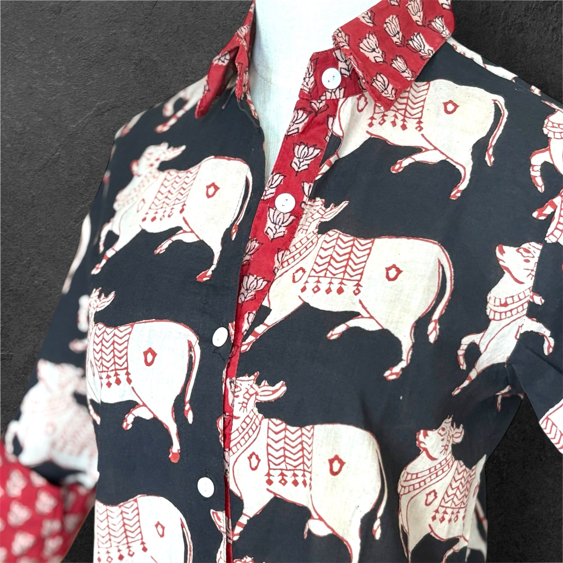Block Print Cotton Shirt Dress Black Ox