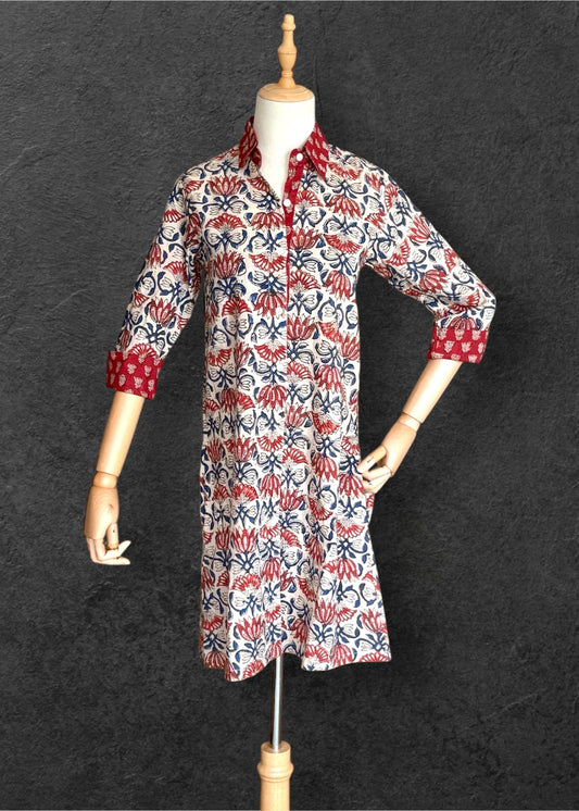 Block Print Cotton Shirt Dress Red Blue Flowers
