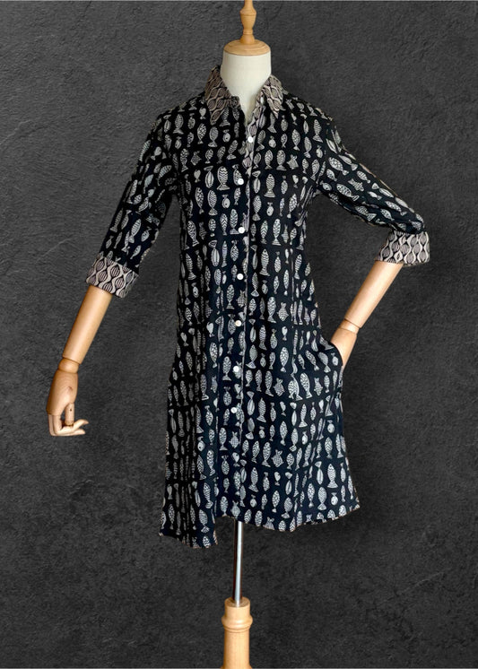 Block Print Cotton Shirt Dress Black Fishies
