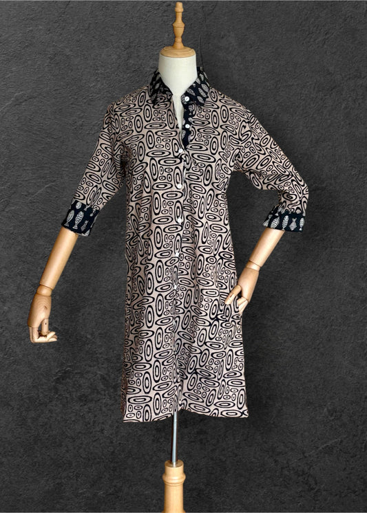 Block Print Cotton Shirt Dress Beige Rounds