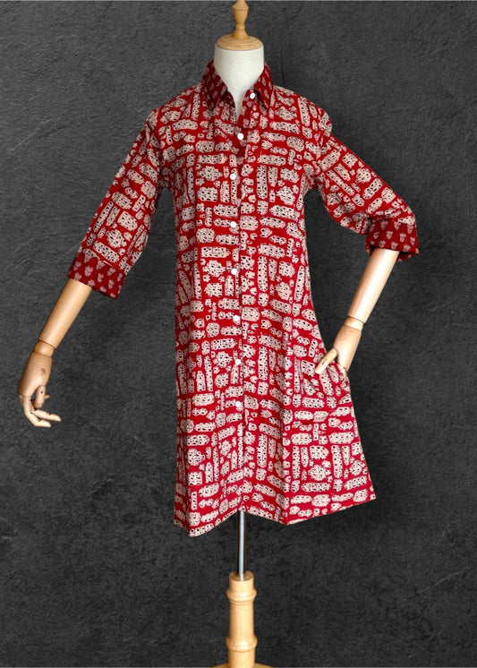 Block Print Cotton Shirt Dress RED CNY