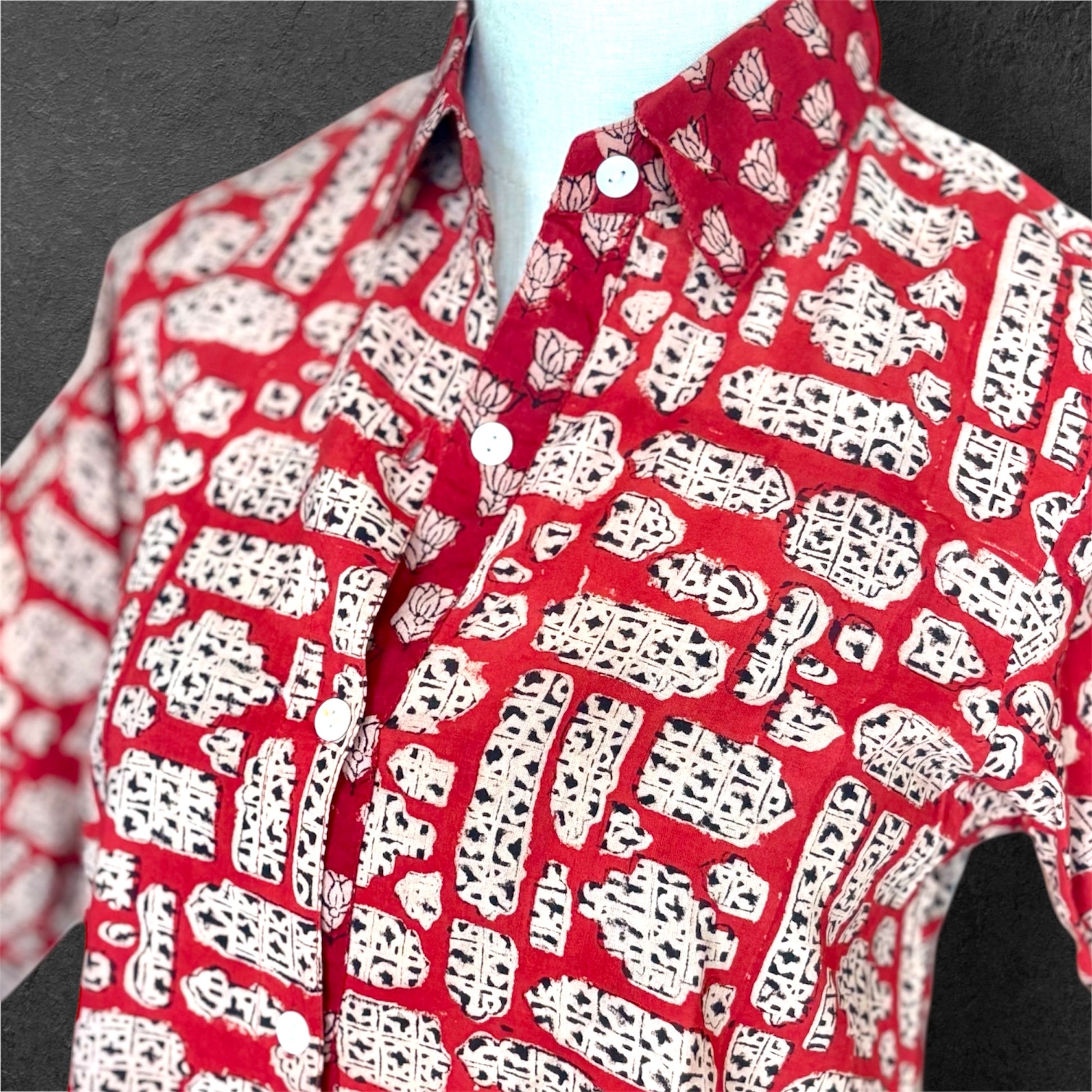 Block Print Cotton Shirt Dress RED CNY