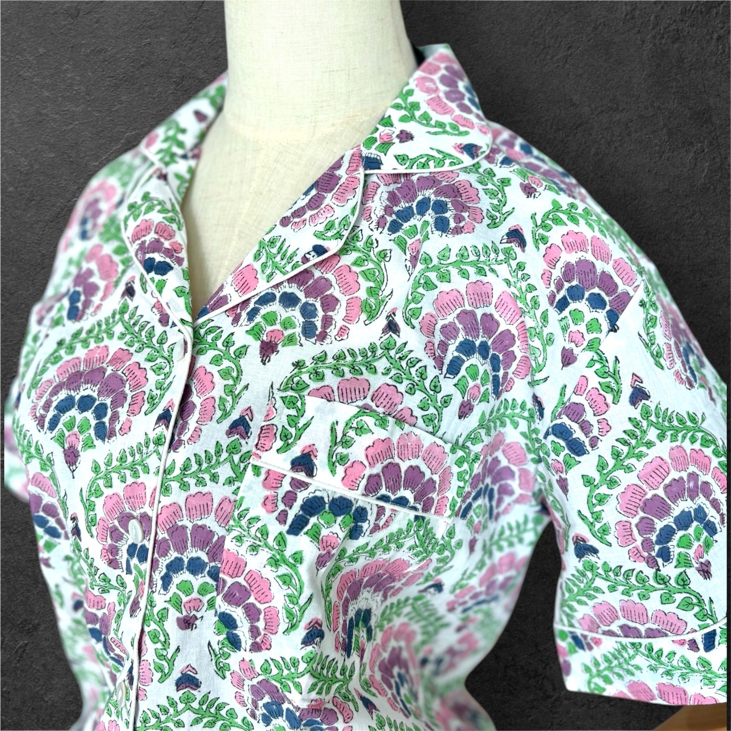 block print pyjamas; cotton pyjamas; indian pyjamas; short sleeve pyjamas