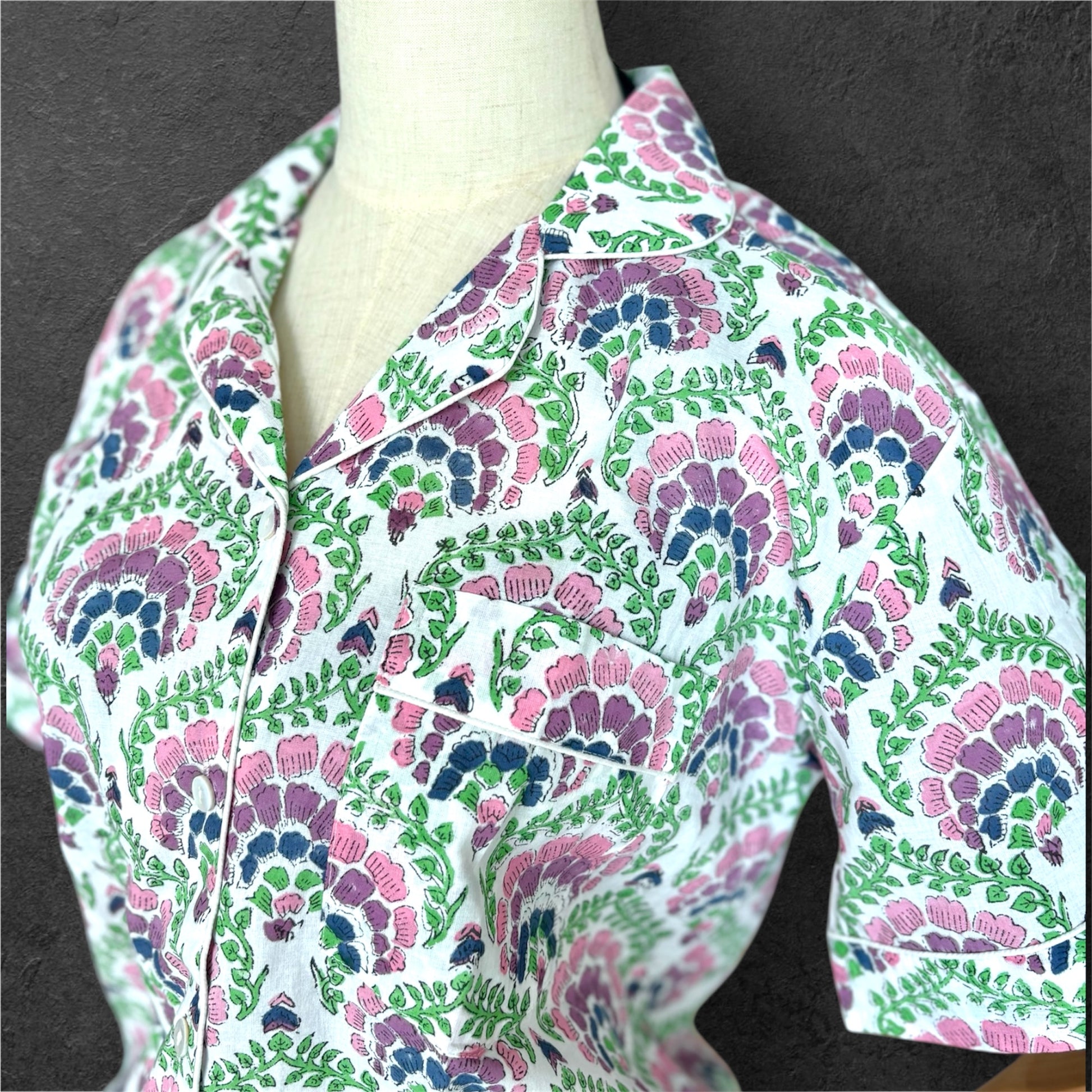 block print pyjamas; cotton pyjamas; indian pyjamas; short sleeve pyjamas