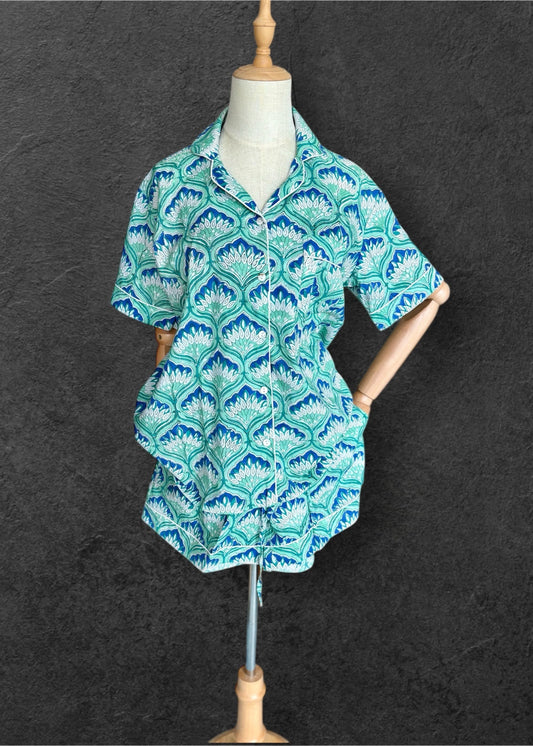 block print pyjamas; cotton pyjamas; indian pyjamas; short sleeve pyjamas