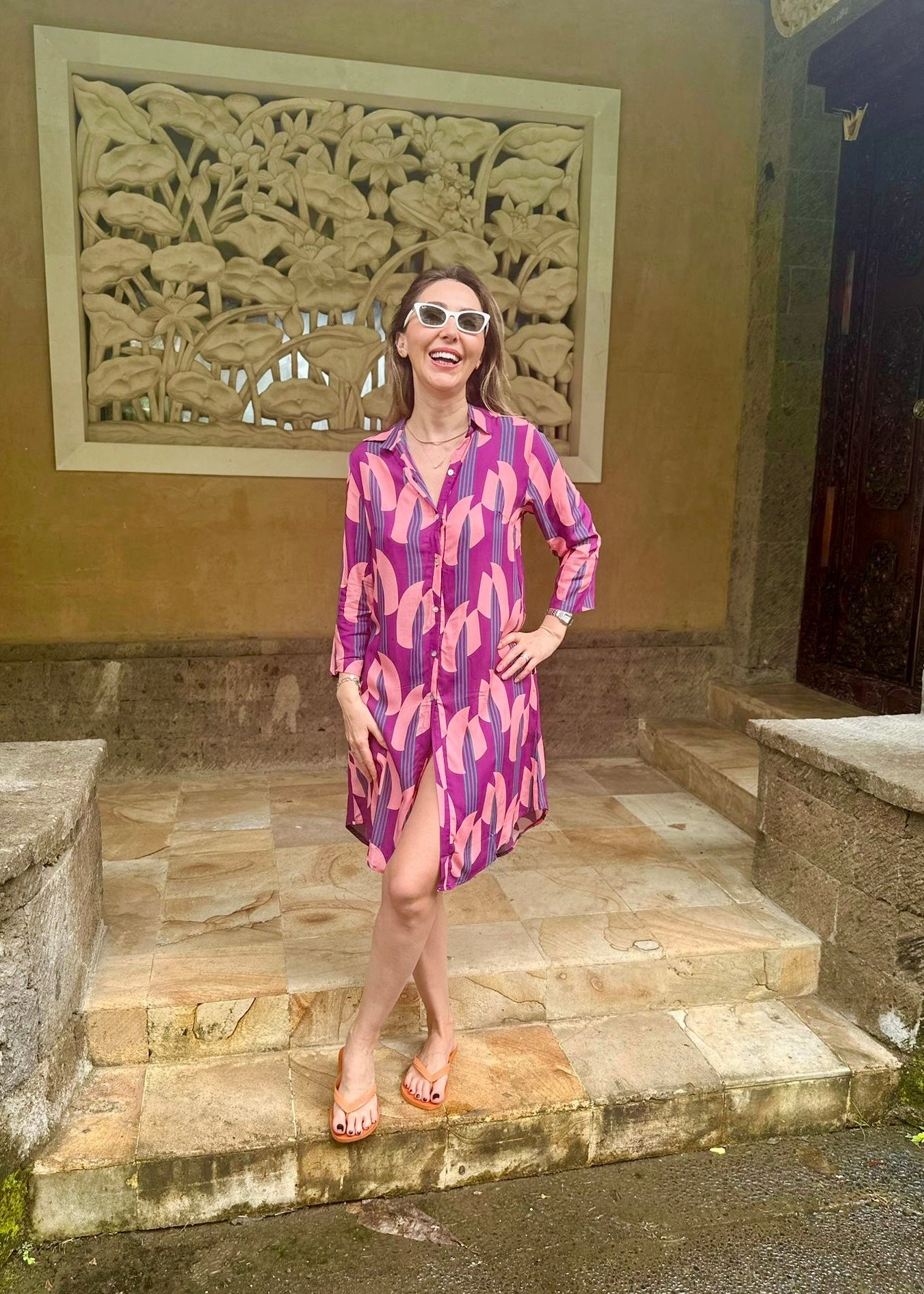 Amalfi Cotton Shirt Dress Purple-Pink Leafs Nature Me Amalfi Cotton Shirt Dress Purple-Pink Leafs Nature Me