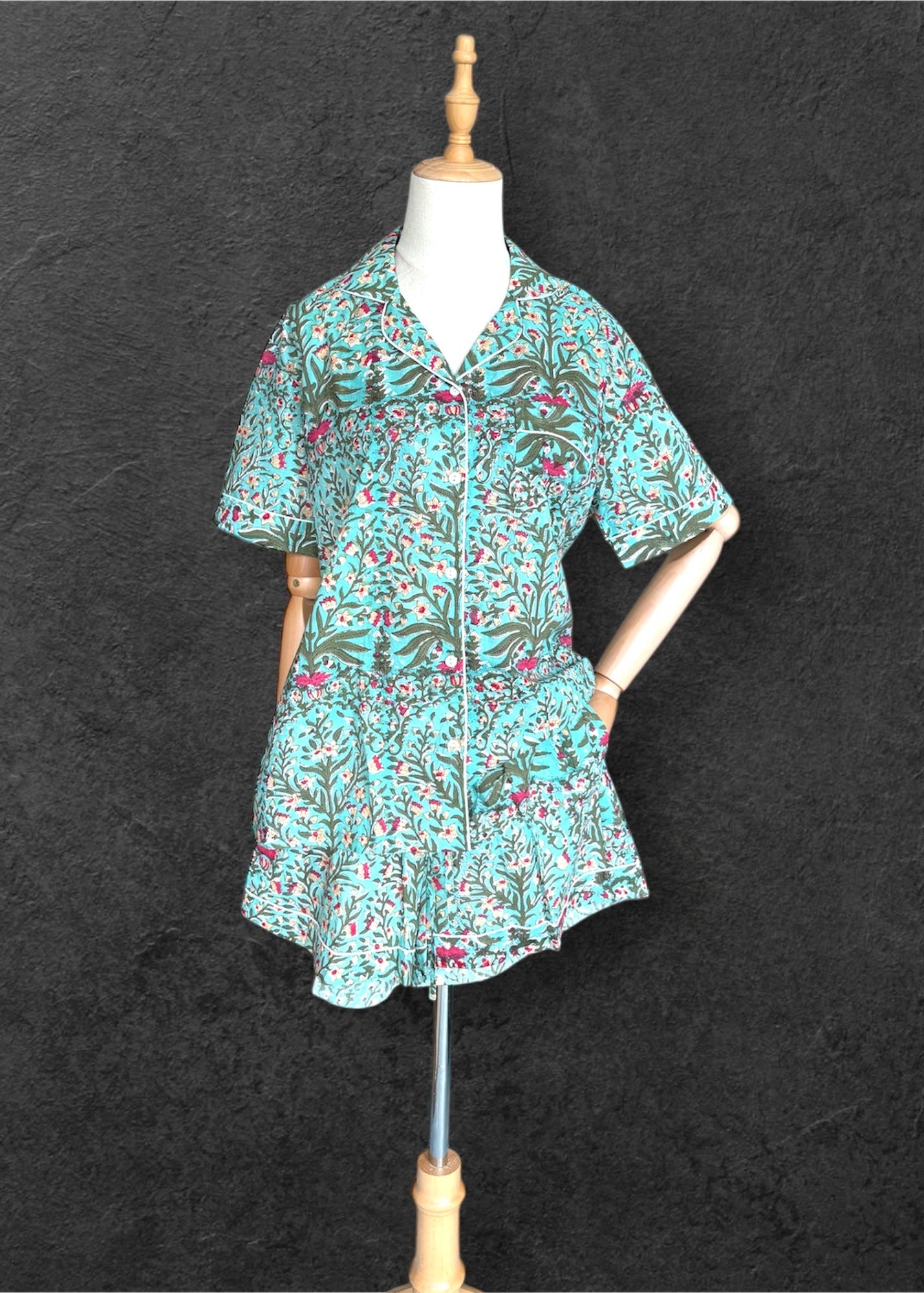 block print pyjamas; cotton pyjamas; indian pyjamas; short sleeve pyjamas